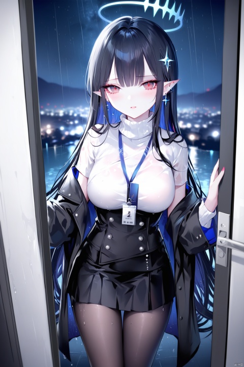 [iumu],[Sheya],[Artist chen bin], masterpiece,best quality,high quality,1girl,halo,long hair,black hair,breasts,wet,pantyhose,rain,skirt,red_eyes,wet clothes,turtleneck sweater,sweater,bangs,turtleneck,pov,black_skirt,solo focus,pleated skirt,jacket,hair ornament,very long hair,long sleeves,looking at viewer,id card,white sweater,pov hands,black pantyhose,blunt bangs,black jacket,parted lips,night,blush,wet_hair,outdoors,pov doorway,miniskirt,black suit,see-through,see-through clothes,standing,rinBA,