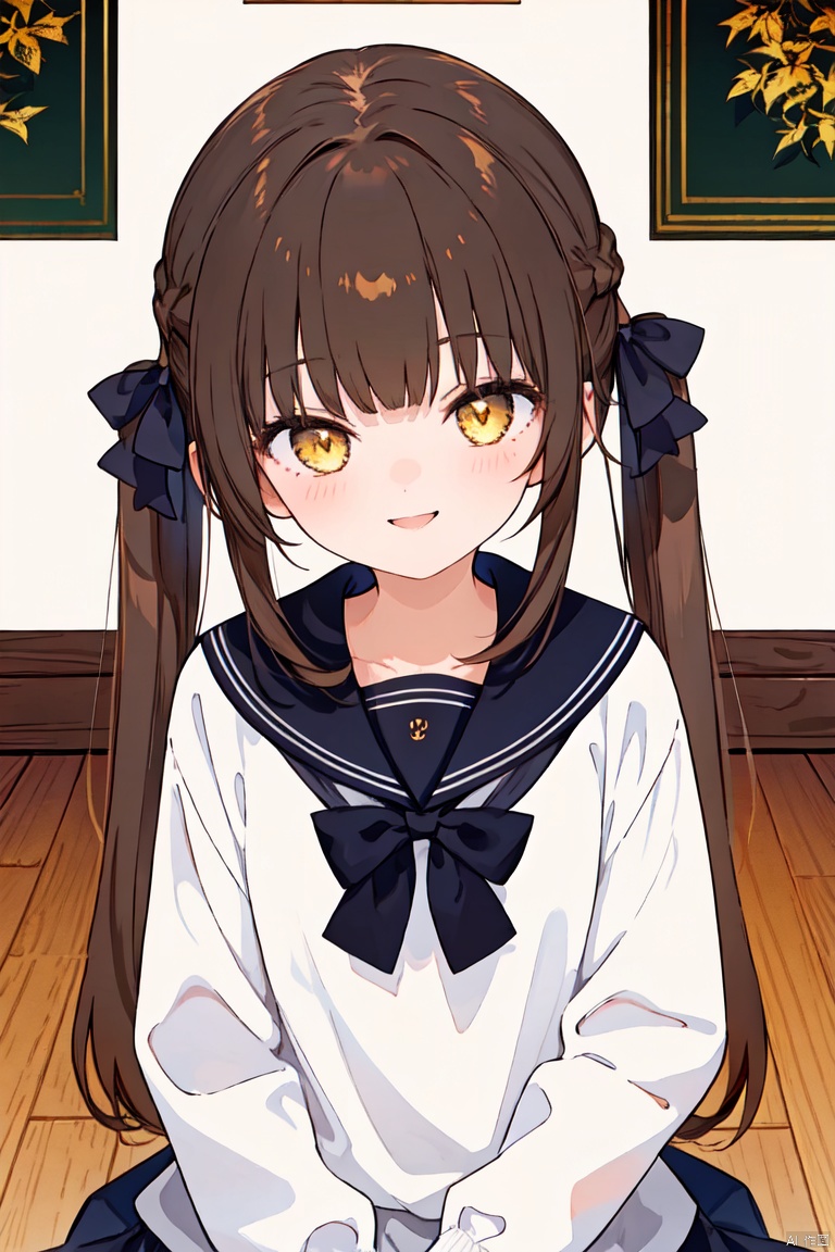 1girl, brown hair, twintails,pov, looking at viewer, yellow eyes, bow, hair bow, black bow, bangs, long sleeves, sailor collar, school uniform, solo focus, blush, shirt, long hair, wooden floor, white shirt, white sailor collar,serafuku, blunt bangs, indoors, heart,smile