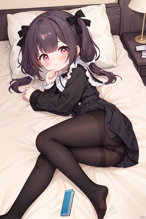  loli,, 1girl, pantyhose, long hair, no shoes, feet, lying, solo, black hair, looking at viewer, on side, ass, black pantyhose, pillow, book, legs, on bed, blush, bangs, red dress, dress, long sleeves, bow, pink eyes, closed mouth, bed, hair bow, twintails, loli