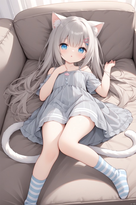  masterpiece,best quality,high quality,1girl, solo, long hair, looking at viewer, bangs, blue eyes, shirt, hair ornament, dress, animal ears, bare shoulders, tail, short sleeves, grey hair, lying, parted lips, socks, hairclip, striped, cat ears, off shoulder, :o, cat tail, no shoes, cat girl, couch, grey dress, striped socks,loli