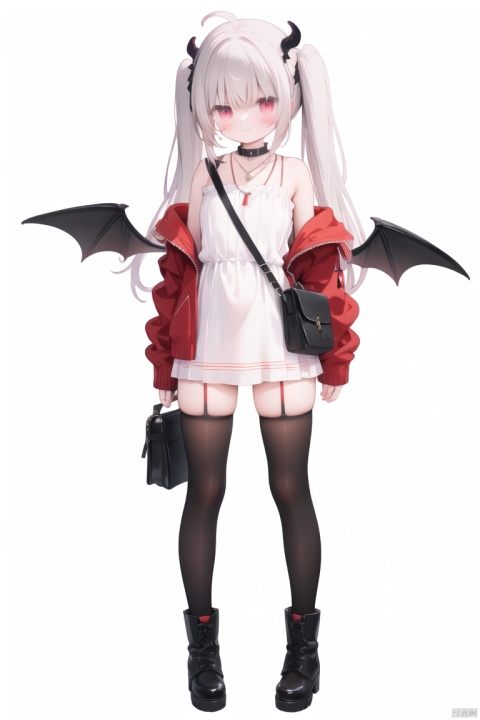 1girl, solo, looking at viewer, bangs, simple background, red eyes, thighhighs, long sleeves, white background, hair between eyes, bare shoulders, twintails, jewelry, standing, jacket, full body, ahoge, grey hair, red hair, multicolored hair, boots, wings, striped, virtual youtuber, necklace, off shoulder, bag, black footwear, collar, sleeves past wrists, blood, striped thighhighs, sleeves past fingers, demon wings, shoulder bag, red collar, red wings, off-shoulder jacket, makaino ririmu,loli, 