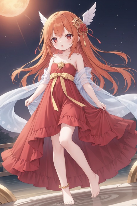  1girl, solo, long hair, open mouth, bangs, hair ornament, red eyes, dress, red hair, barefoot, orange hair, :o, see-through, strapless, red dress, strapless dress, personification, shawl,hanfu,Wings with sun gears,anklet,loli,masterpiece,best quality,high quality,loli