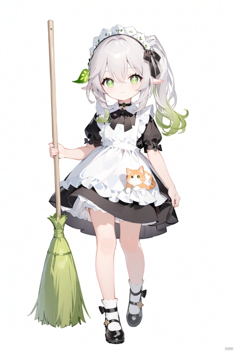 1girl, solo, long hair, looking at viewer, bangs, simple background, white background, dress, bow, holding, hair between eyes, jewelry, green eyes, standing, full body, flower, white hair, short sleeves, sidelocks, multicolored hair, frills, green hair, shoes, alternate costume, choker, pointy ears, socks, puffy sleeves, black footwear, apron, black dress, side ponytail, puffy short sleeves, maid, symbol-shaped pupils, maid headdress, black bow, gradient hair, rose, cat, standing on one leg, white socks, white apron, maid apron, broom, enmaided, colored tips, cross-shaped pupils, holding broom, nahida \(genshin impact\)