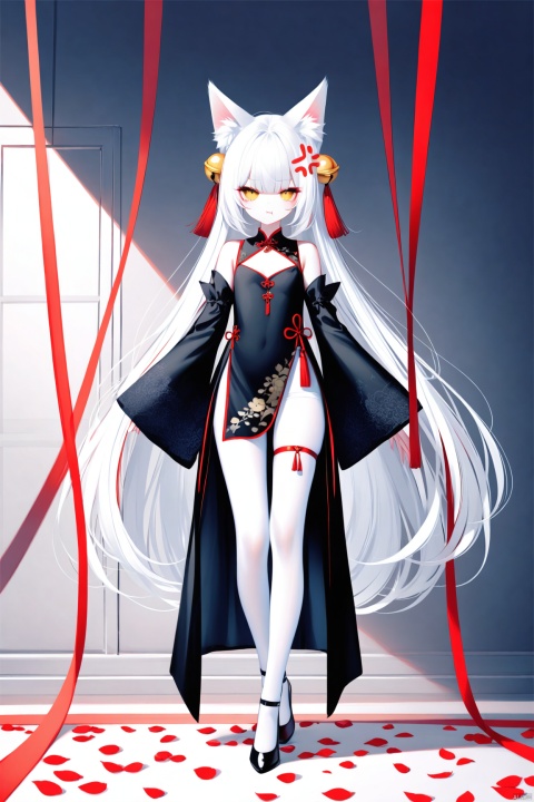 [iumu],[Sheya],[Artist chen bin], masterpiece,best quality,high quality, 1girl, solo, long hair,looking at viewer, blush, bangs, hair ornament, long sleeves, dress, animal ears, very long hair, closed mouth, standing, full body, yellow eyes,  white hair, pantyhose,  wide sleeves, bell, anger vein, jingle bell, angry, white pantyhose, hair bell, black dress, animal ear fluff, fox ears,  :t, pout, hair bell,very long hair, standing,  sleeves past wrists, petals, tassel, chinese clothes, short dress, china dress, thigh strap, braid, ribbon, bare shoulders, detached sleeves, red ribbon, pelvic curtain,