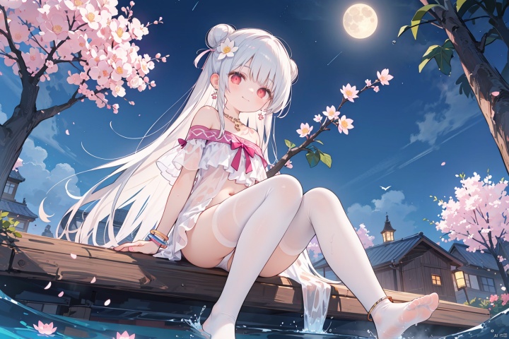 1girl, solo, long hair, looking at viewer, smile, bangs, red eyes, dress, bare shoulders, jewelry, sitting, very long hair, closed mouth,full body, flower, earrings, outdoors, sky,  water, off shoulder, hair bun, white dress, bracelet, feet, tree, petals,  double bun, night, bird, moon, cherry blossoms, night sky, full moon, pink flower, anklet, branch, absurdly long hair, soaking feet, lotus,thighhighs, navel, underwear,  panties, flower, white hair, wings, hair flower, white panties, feet, white thighhighs, wet, see-through, toes,  no shoes, leg up, from below, wet clothes,