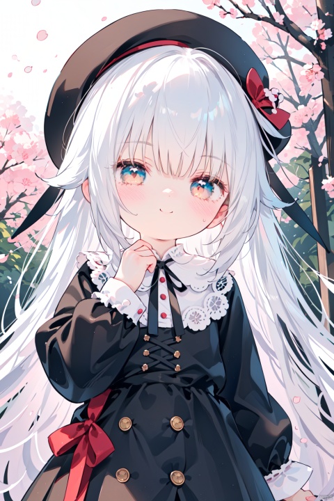  (masterpiece:1.1), (best quality:1.2), highres, original, extremely detailed wallpaper, official art,1girl, solo, long hair, (little_girl:1.2),(petite:1.1),bright_pupils,blue eyes,gothic_lolita,dress,loli,looking at viewer, blush, smile, bangs, white hair, shirt, long sleeves, hat, dress, ribbon, brown eyes, closed mouth, hair ribbon, upper body, outdoors, frills, blurry, red ribbon, black headwear, blurry background, loli