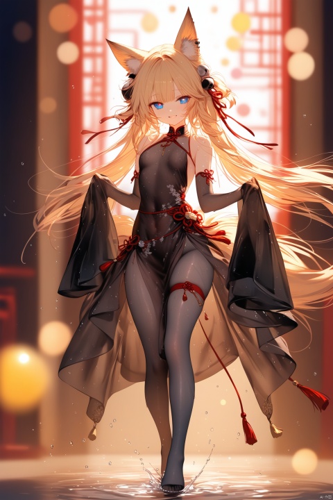 1girl, solo, long hair, breasts, looking at viewer, blush, smile, bangs, blue eyes, blonde hair, hair ornament, long sleeves, dress, animal ears, very long hair, standing, full body, braid, small breasts, black dress, animal ear fluff, sleeves past wrists, （symbol-shaped pupils,heart-shaped pupils , heart, ）, fox ears,  bell, chinese clothes, heart-shaped pupils, short dress, tassel, jingle bell, french braid, hair bell, china dress, thigh strap, braid, ribbon, bare shoulders, detached sleeves, red ribbon, pelvic curtain,no shoes,black pantyhose,（see-through,see-through dress）,(covered Navel), (wet, sweat, wet dress:1.21),chiffon, sheer tulle,walk,dynamic pose,masterpiece,best quality,high quality,[iumu],[Sheya],[Artist chen bin],