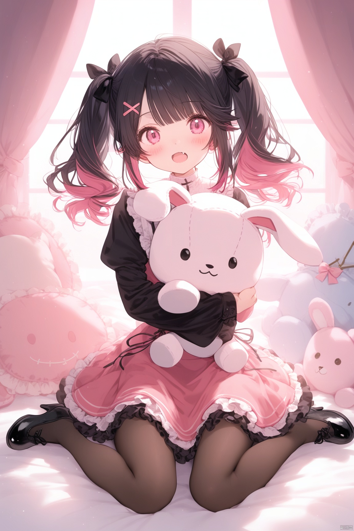 1girl, solo, long hair, looking at viewer, blush, open mouth, bangs, shirt, black hair, hair ornament, long sleeves, dress, bow, ribbon, twintails, sitting, full body, pink hair, hair bow, multicolored hair, frills, shoes, hairclip, fang, puffy sleeves, indoors, pink eyes, black footwear, black dress, high heels, two-tone hair, window, black bow, wariza, stuffed toy, frilled dress, stuffed animal, cross, x hair ornament, pink dress, object hug, stuffed bunny, holding stuffed toy,pantyhose,loli