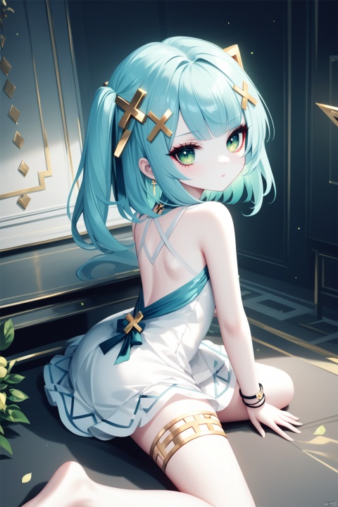  [iumu],[Sheya],[Artist chen bin],1girl, solo, long hair, breasts, looking at viewer, bangs, hair ornament, dress, bare shoulders, jewelry, closed mouth, green eyes, blue hair, small breasts, looking back, from behind, white dress, bracelet, aqua hair, thighlet, Faruzan (genshin),loli,Sole of feet, barefoot,