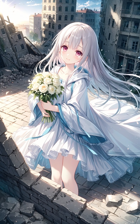  sunlight tone,clear sky,1woman,woman focus,close-up,side face,white cloth,hooded,Dutch angle,looking at viewer,holding bouquet,side face,girl focus,from above,standing,Head Tilt,wind,sad smile,tears,floating tears,sunlight,wind,Building ruins,Reinforcement, crushed stone,brick and tile,Beautiful scenery,{official art, illustration,amazing, high detail, ultra-detailed, extremely detailed 8k wallpaper, best shadow,}, best quality, amazing quality, very aesthetic, absurdres
