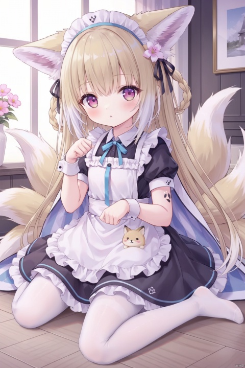  1girl, solo, long hair, blush, blonde hair, hair ornament, dress, ribbon, animal ears, sitting, tail, flower, pantyhose,no shoes, hair flower, pink eyes, apron, animal ear fluff, maid, maid headdress, fox ears, fox tail,maid apron, white pantyhose, paw pose,suzuran \(arknights\), Suzuran,chen_bin, loli