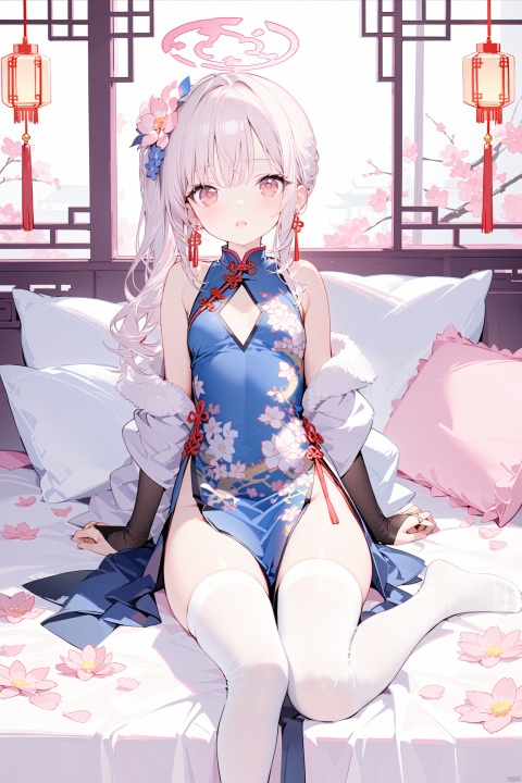 1girl, solo, long hair, breasts, looking at viewer, blush, open mouth, bangs, hair ornament, red eyes, thighhighs, dress, bare shoulders, jewelry, sitting, full body, flower, white hair, earrings, small breasts, parted lips, detached sleeves, sleeveless, indoors, hair flower, pink eyes, side ponytail, white thighhighs, head tilt, pillow, petals, bed, sleeveless dress, blue dress, halo, no shoes, chinese clothes, floral print, china dress, bridal gauntlets, pelvic curtain, pink flower