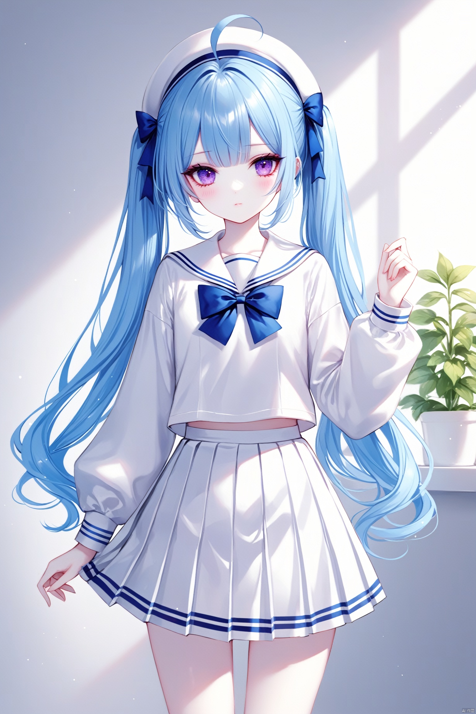  1girl, solo, long hair, looking at viewer, blush, bangs, skirt, shirt, long sleeves, bow, twintails,closed mouth, school uniform, blue hair, standing, purple eyes, white shirt, ahoge, pleated skirt, puffy sleeves, bowtie, sailor collar, white headwear, blue bow, white skirt, puffy long sleeves, white sailor collar, blue bowtie,loli,[iumu],[Sheya],[Artist chen bin],
