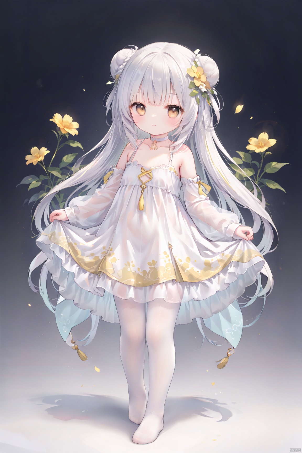 1girl, solo, long hair, looking at viewer, bangs, hair ornament, hollow out dress,  bare shoulders, very long hair, closed mouth, standing, full body, yellow eyes, braid, flower, white hair,no shoes,  choker, hair flower, grey background, white dress, see-through, gradient, gradient background,   yellow flower, skirt hold, white choker,double_bun,Dancing,white pantyhose,long sleeves,   see-through skirt,see-through sleeves,cropped shoulders,revealing clothes,Light gauze wide sleeve skirt,detached sleeves,loli, cuteloliface,loli,dynamic pose,
