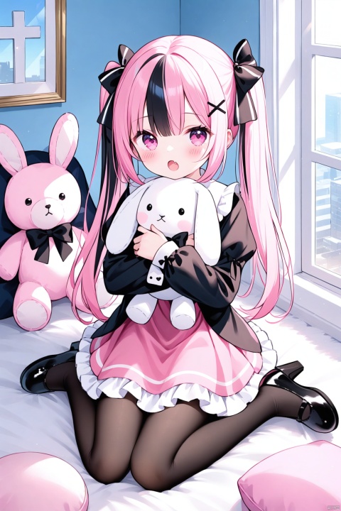 1girl, solo, long hair, looking at viewer, blush, open mouth, bangs, shirt, black hair, hair ornament, long sleeves, dress, bow, ribbon, twintails, sitting, full body, pink hair, hair bow, multicolored hair, frills, shoes, hairclip, fang, puffy sleeves, indoors, pink eyes, black footwear, black dress, high heels, two-tone hair, window, black bow, wariza, stuffed toy, frilled dress, stuffed animal, cross, x hair ornament, pink dress, object hug, stuffed bunny, holding stuffed toy,pantyhose,loli