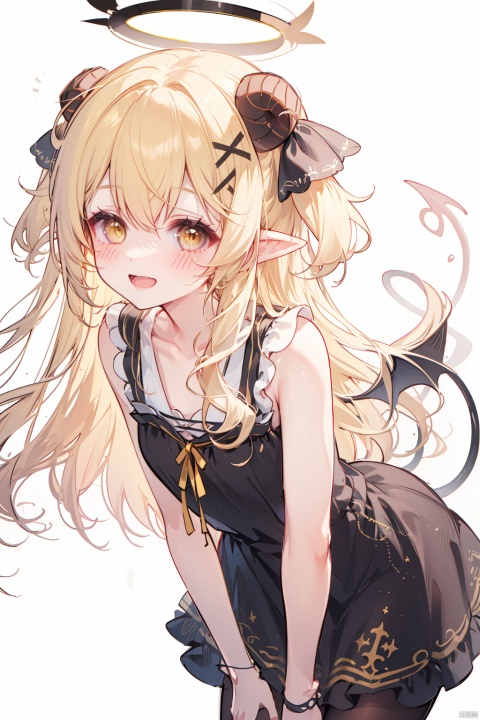 1girl, solo, long hair, looking at viewer, blush, smile, open mouth, bangs, blonde hair, simple background, white background, dress, ribbon, bare shoulders, collarbone, tail, hair ribbon, yellow eyes, :d, pantyhose, wings, horns, sleeveless, pointy ears, black dress, bare arms, black ribbon, leaning forward, sleeveless dress, one side up, halo, demon girl, demon horns, demon wings,ibukiBA, loli