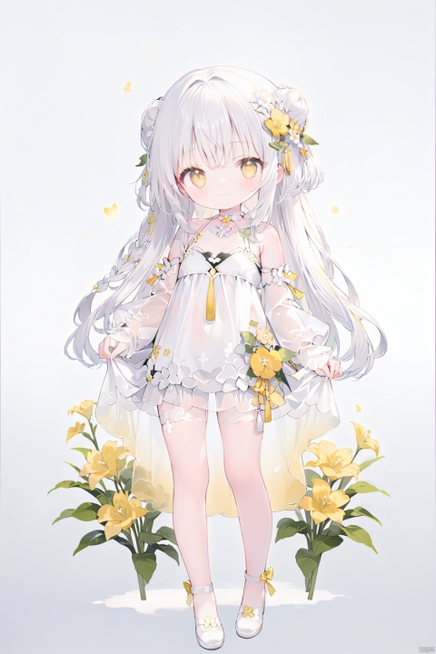 1girl, solo, long hair, looking at viewer, bangs, hair ornament, hollow out dress,  bare shoulders, very long hair, closed mouth, standing, full body, yellow eyes, braid, flower, white hair,no shoes,  choker, hair flower, grey background, white dress, see-through, gradient, gradient background,  white footwear, yellow flower, skirt hold, white choker,double_bun,
 long sleeves,   see-through skirt,see-through sleeves,cropped shoulders,revealing clothes,Light gauze wide sleeve skirt,detached sleeves,loli, cuteloliface