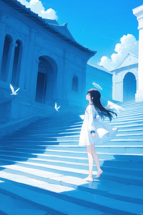 1girl, solo,angel, long hair, black hair, long sleeves, dress, standing, outdoors, sky, barefoot, day, white dress, blue sky, scenery, blue theme,White  stairs, wide shot,floating White Thousand Paper Crane,detailed background,Many thousand paper cranes,Standing on the steps and looking up at the sky,Aestheticism Painting,intricate detail,Angel wings, halo,loli