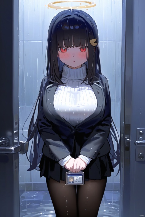 1girl,halo,long_hair,black_hair,breasts,wet,pantyhose,rain,skirt,red_eyes,large_breasts,wet_clothes,turtleneck_sweater,sweater,bangs,turtleneck,pov,black_skirt,solo_focus,pleated_skirt,jacket,hair_ornament,very_long_hair,long_sleeves,looking_at_viewer,id_card,white_sweater,pov_hands,black_pantyhose,blunt_bangs,black_jacket,parted_lips,night,1boy,blush,wet_hair,own_hands_together,outdoors,pov_doorway,miniskirt,black_suit,loli