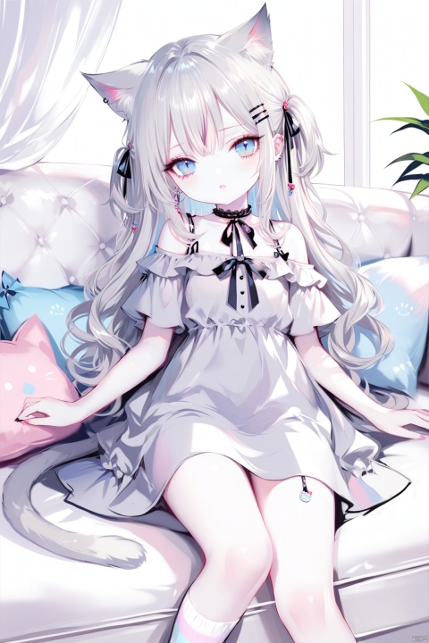  masterpiece,best quality,high quality,1girl, solo, long hair, looking at viewer, bangs, blue eyes, shirt, hair ornament, dress, animal ears, bare shoulders, tail, short sleeves, grey hair, lying, parted lips, socks, hairclip, striped, cat ears, off shoulder, :o, cat tail, no shoes, cat girl, couch, grey dress, striped socks,loli,(colorful),[iumu],[Sheya],[Artist chen bin], 