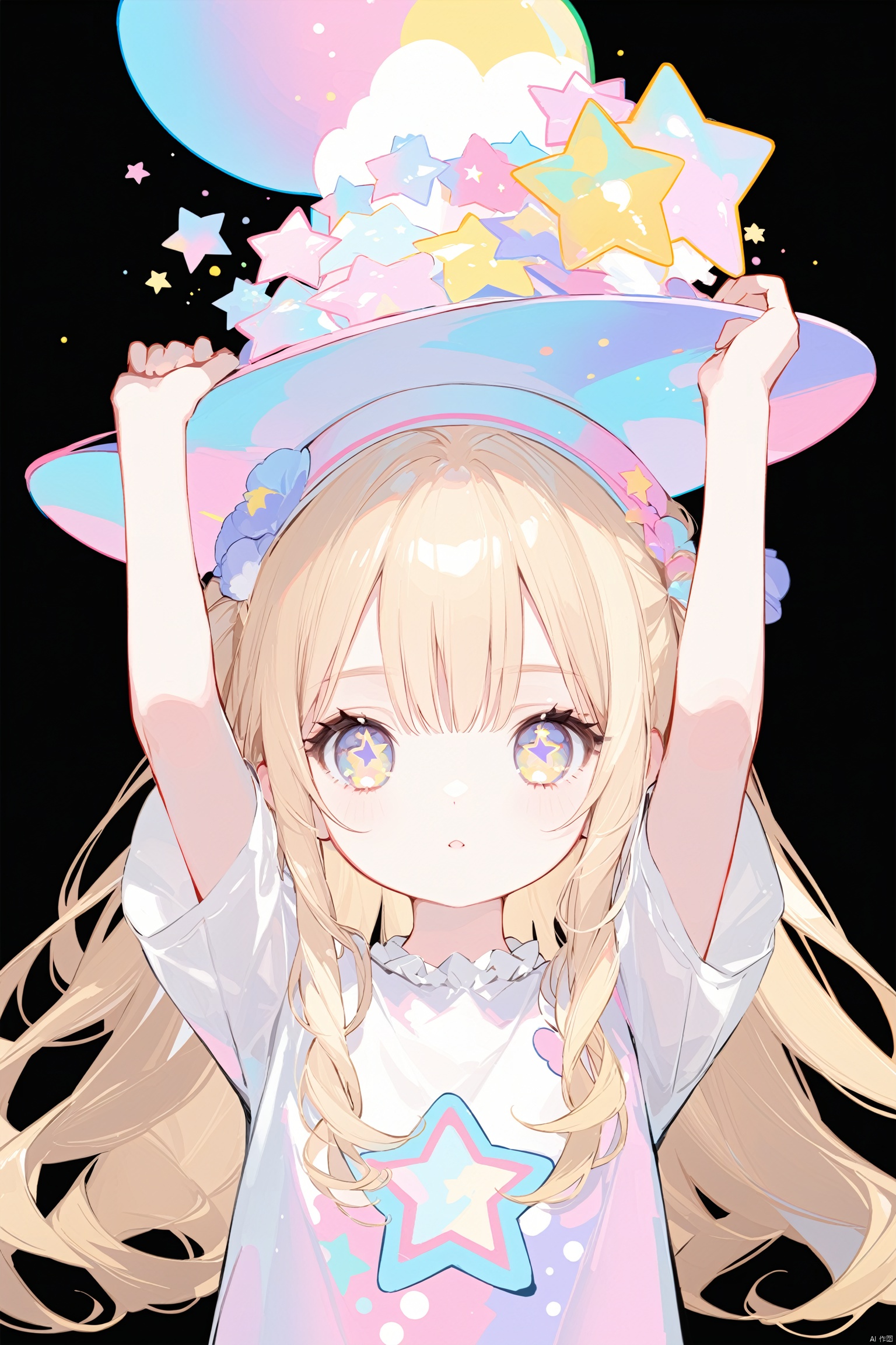 solo,abstract,blonde hair,colorful,1girl,upper body,arms_up,hat,looking at viewer,short_sleeves,star (symbol),long hair,shirt,bangs,black_background, loli