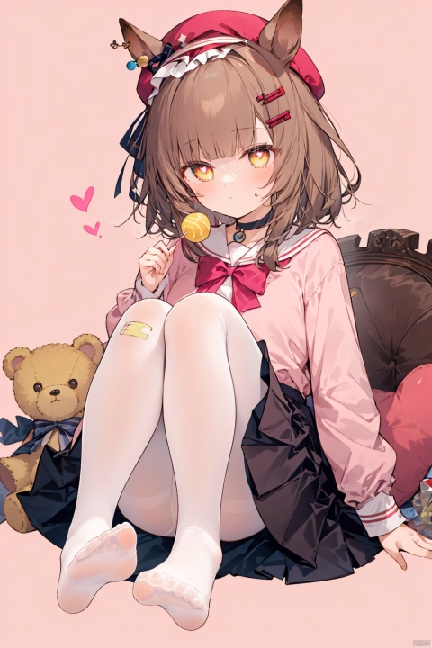  1girl, solo,Yellow eyes, brown hair, medium hair, （horse ears, Horse Tail）, red hat, hair ornament, 
masterpiece, best quality, looking at viewer, bangs, skirt, shirt,long sleeves, bow, ribbon, sitting, monochrome, hair bow, heart, pantyhose, frills, food, no shoes, choker, blunt bangs, black skirt, symbol-shaped pupils, heart-shaped pupils, stuffed toy, pink background, stuffed animal, frilled skirt, pink bow, fishnets, candy, bandaid, pink shirt, teddy bear, lollipop, pink theme, jirai kei, lam style, colorful hair, hiqcgbody, masterpiece, best quality, holographic, holographic ccozy anime, moyou, AGM, soft, WhitePantyhose, , white pantyhose, girl, nai3