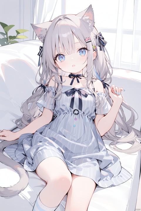1girl, solo, long hair, looking at viewer, bangs, blue eyes, shirt, hair ornament, dress, animal ears, bare shoulders, tail, short sleeves, grey hair, lying, parted lips, socks, hairclip, striped, cat ears, off shoulder, :o, cat tail, no shoes, cat girl, couch, grey dress, striped socks, tinkle