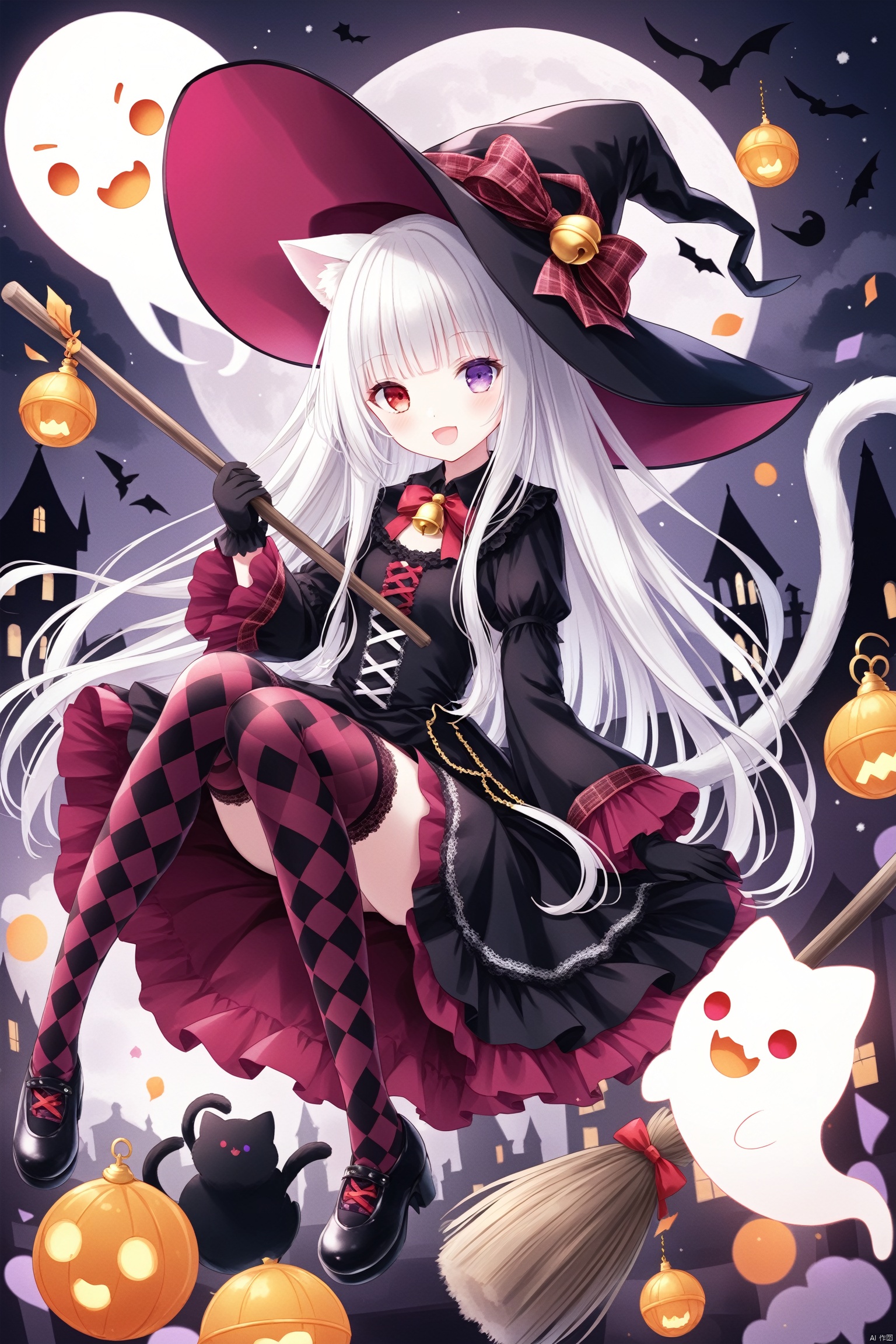 1girl, solo, long hair, looking at viewer, smile, open mouth, bangs,red eyes, thighhighs, gloves, long sleeves, hat, sitting, very long hair, purple eyes, full body, white hair, black dress, black headwear, bell, witch hat, heterochromia,  broom, ghost, witch, broom riding,cat tail, plaid, tail ornament, animal ears, cat ears, plaid, argyle legwear, argyle, loli