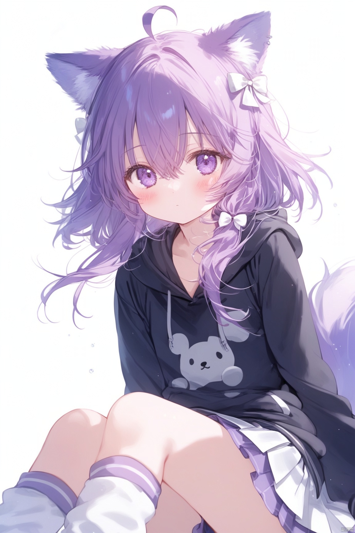 1girl, solo, looking at viewer, blush, bangs, skirt, simple background, long sleeves, white background, bow, animal ears, hair between eyes, sitting, closed mouth, purple eyes, tail, purple hair, ahoge, hair bow, pleated skirt, socks, hood, hoodie, feet out of frame, white skirt, hood down, white bow, white socks, black hoodie, loose socks,loli