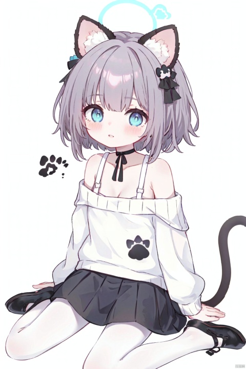  masterpiece,best quality,absurdres,1girl, solo, breasts, looking at viewer, blush, short hair, bangs, blue eyes, skirt, simple background, hair ornament, long sleeves, animal ears, cleavage, bare shoulders, sitting, collarbone, white hair, pantyhose, pleated skirt, parted lips, choker, cat ears, dark skin, black skirt, grey background, off shoulder, sweater, dark-skinned female, grey eyes, black pantyhose, tattoo, black choker, facial mark, feathers, feather hair ornament, whisker markings, off-shoulder sweater, facial mark,