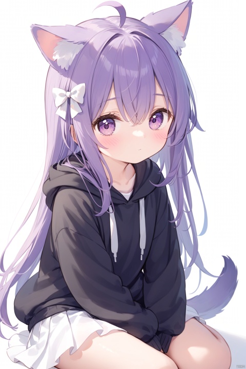 1girl, solo, looking at viewer, blush, bangs, skirt, simple background, long sleeves, white background, bow, animal ears, hair between eyes, sitting, closed mouth, purple eyes, tail, purple hair, ahoge, hair bow, pleated skirt, socks, hood, hoodie, feet out of frame, white skirt, hood down, white bow, white socks, black hoodie, loose socks,loli