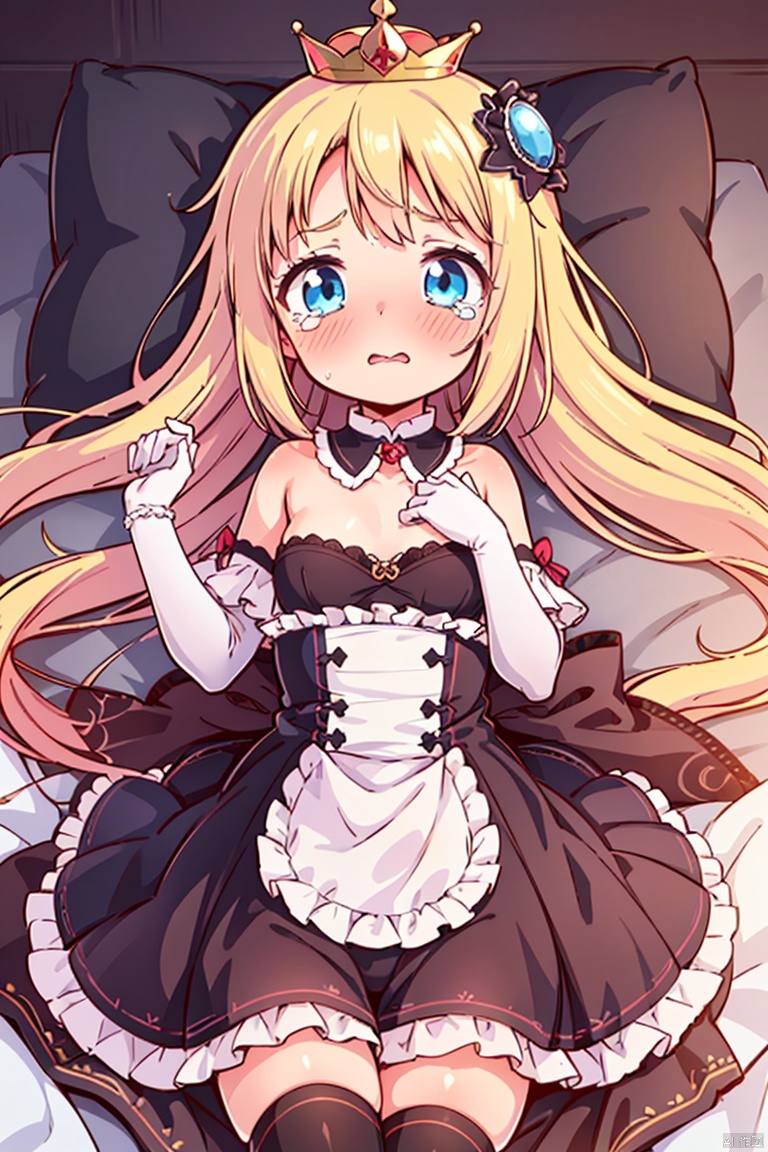  caiyuan, 1girl, long hair, blonde hair, blue eyes, thighhighs, lying, small breasts, very long hair, blush, dress, dress pull, on back, crown, detached collar, tears, jewelry, bow, solo focus, hair ornament, loli, stuffed toy, frills,