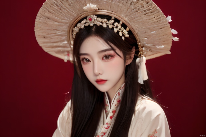  moyou,1girl,solo,long hair,black hair,jewelry,hair ornament,long sleeves,red background,upper body,looking at viewer,lips,flower,chinese clothes,realistic,headdress,traditional clothes,red lips,closed mouth, chinese_opera_jing