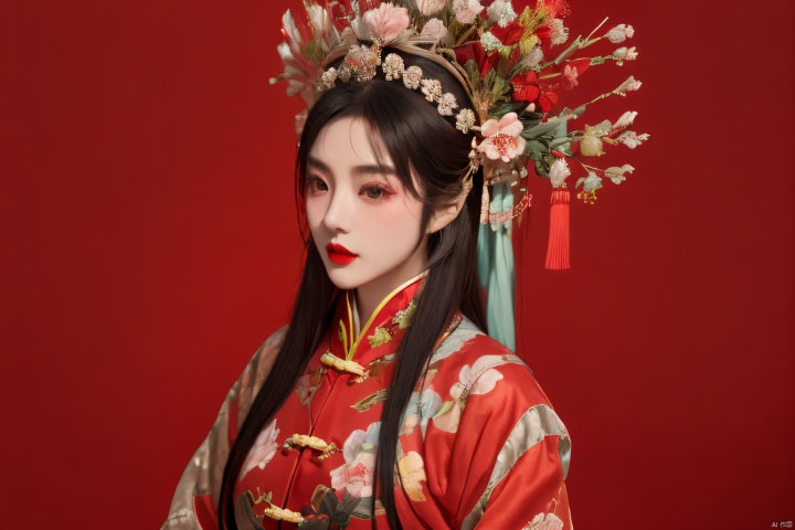 Full-length photo, Moyou, 1 girl, solo, long hair, black hair, jewelry, hair accessories, hair flower arrangement, long sleeves, red background, upper body, audience, lips, flowers, Chinese clothing, realism, headgear, traditional clothing, red lips, shut up, Chinese opera, Light master