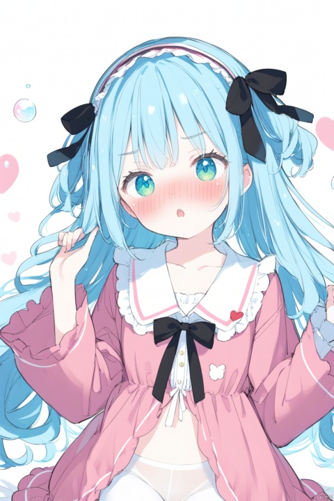 kanibiimu,
1girl, loli, hair ribbon, long hair,very long hair, curly hair,
frills, wide sleeves, long sleeves, puffy sleeves, black bow, hairband, sketch, see-through,  dress, rabbit hair ornaments, bangs_between hair,
colorful, valentine, ribbon, , bubble, pink pajamas, lolita dress,
blush, shamed,collarbone, navel, white pantyhose,
onnk, [butterfly:0.8],  white bra, navel, angry, upper body,
masterpiece, best quality,  white background, depth of field, bed, (medium breasts:0.75),, nose blush, [:o],  tinkle