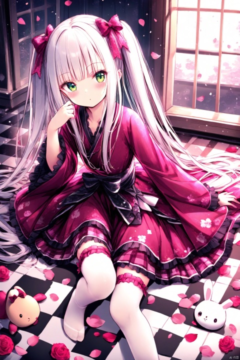loli,blush, 1girl, long hair, green eyes, kimono, purple eyes, twintails, lolita fashion, white thighhighs, frilled thighhighs,
checkered floor, stuffed toy, solo, layered dress, white hair, bow, hair bow, stuffed bunny, petals, looking at viewer, blush, wrist cuffs, wide sleeves, heart, frills, sitting, bangs, masterpiece, best quality, tinkle