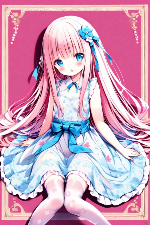  tinkle, (loli), 1girl, blush, solo, very long hair, light color, blue eyes,
layered dress, see-through, frilled dress, lace printed , light blue dress, pink hair, 
hair flower, sitting, small breasts, sash, detailed clothing, flowing hair, :o, translucent dress,
bubble, looking at viewer,
shamed, blush, hair ribbon, simple background, print thighhighs,pink background, floral frame,
best quality, masterpiece,loli,blush