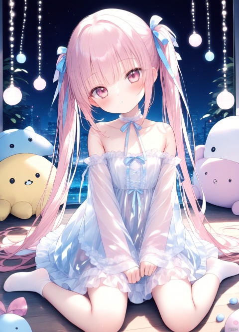  1girl, loli, twintails, straight hair, hair ribbon, lolita dress, very long hair, pink hair, transparent dress, 
bare shoulders, layered dress, wide sleeves, 
head tilt, shamed, blush, 
wariza, hair on floor, no shoes, stuffed toys,

night,
masterpiece, best quality,