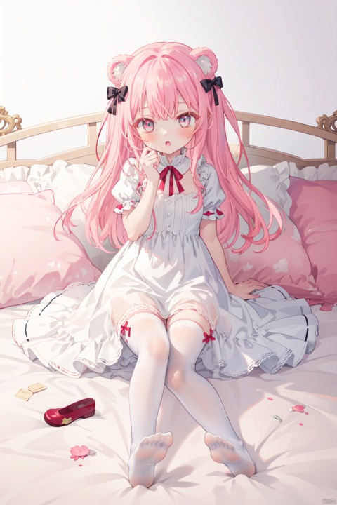 1girl, bear ears, hair bow, hair ornament, expressionless, lace, pillow, ribbon, white dress, thighhighs, hair ribbon,  full body, no shoes,
shamed ,blush, pink room,  :o,  bubble, pink hair,
masterpiece, best quality, white background, oni-color, loli, detailed,butterfly,