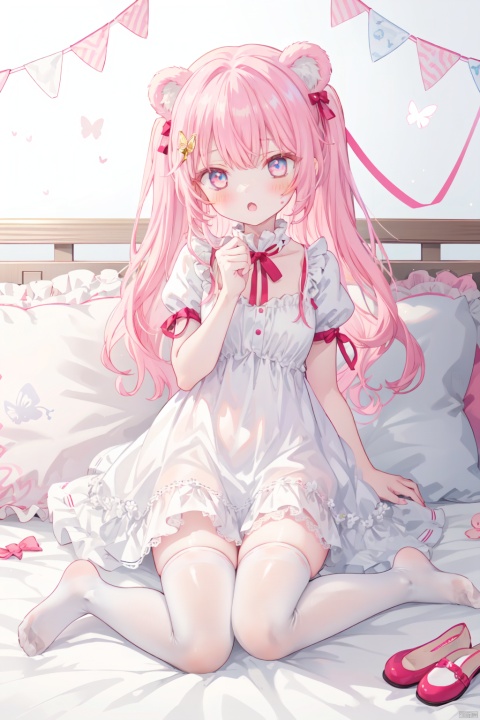 1girl, bear ears, hair bow, hair ornament, expressionless, lace, pillow, ribbon, white dress, thighhighs, hair ribbon,  full body, no shoes,
shamed ,blush, pink room,  :o,  bubble, pink hair,
masterpiece, best quality, white background, oni-color, loli, detailed,butterfly,