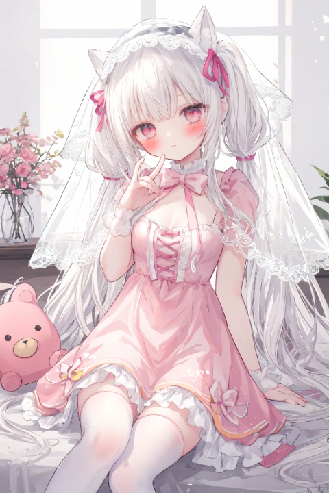 1girl, very long hair, twintails, white hair, loli, hair ribbon, pink dress,
dutch angle,, sitting, head tilt, medium breasts, fox shadow puppet, hood, veil,
white background, simple background, depth of field, blurry background,
stronge sunlight, window, white wall, stuffed toy, white thighhighs, frilled thighhighs, 
shamed, blush,
masterpiece, best quality, hdr, onnk, bow, frills, ,