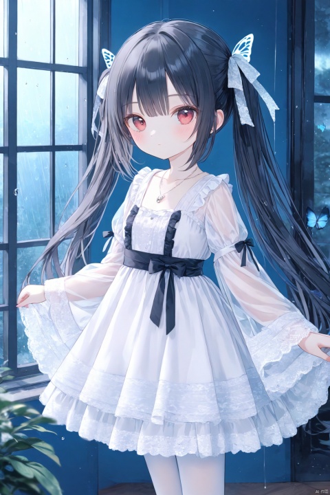  1girl, loli, blush, long hair, black hair, straight hair, twintails, white dress,
gothic lolita, lolita dress, see-through, wide sleeves, small breasts, bow, layered dress, lace, necklace, ribbon,
white pantyhose, 
from side, standing, looking at viewer, full body, expressionless, close-up, dress lift,
indoors, big window, sash, moonlight, rain,
onnk, [butterfly:0.8],
masterpiece, best quality, blurry background, depth of field, , tinkle, doll
