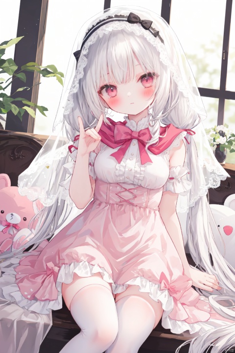 1girl, very long hair, twintails, white hair, loli, hair ribbon, pink dress,
dutch angle,, sitting, head tilt, medium breasts, fox shadow puppet, hood, veil,
white background, simple background, depth of field, blurry background,
stronge sunlight, window, white wall, stuffed toy, white thighhighs, frilled thighhighs, 
shamed, blush,
masterpiece, best quality, hdr, onnk, bow, frills, ,