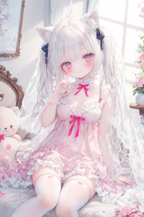  1girl, very long hair, twintails, white hair, loli, hair ribbon, pink dress,
dutch angle,, sitting, head tilt, breasts, fox shadow puppet, hood, veil,
white background, simple background, depth of field, blurry background,
stronge sunlight, window, white wall, stuffed toy, white thighhighs, frilled thighhighs, 
shamed, blush,
masterpiece, best quality, hdr, onnk, bow, frills, , cuteloli