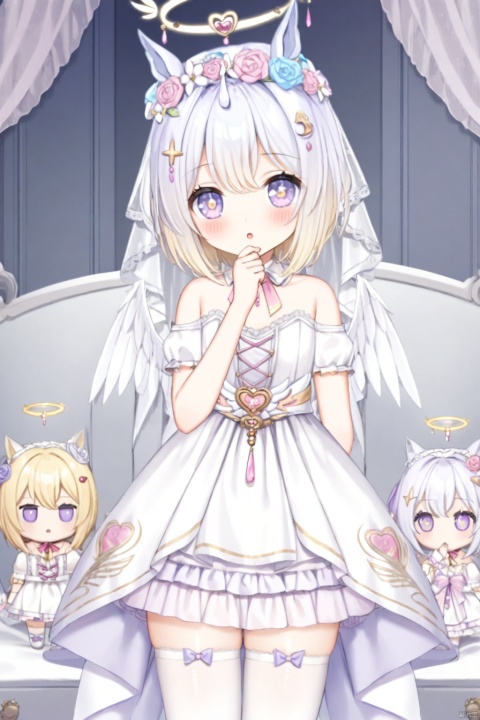 1girl, lili, white dress, halo,
ribbon, shamed, blush, :o, bow,
hand on mouth, bare shoulders, white thighhighs,

masterpiece, best quality, doll, , omochi_monaka, onnk,feather decoration