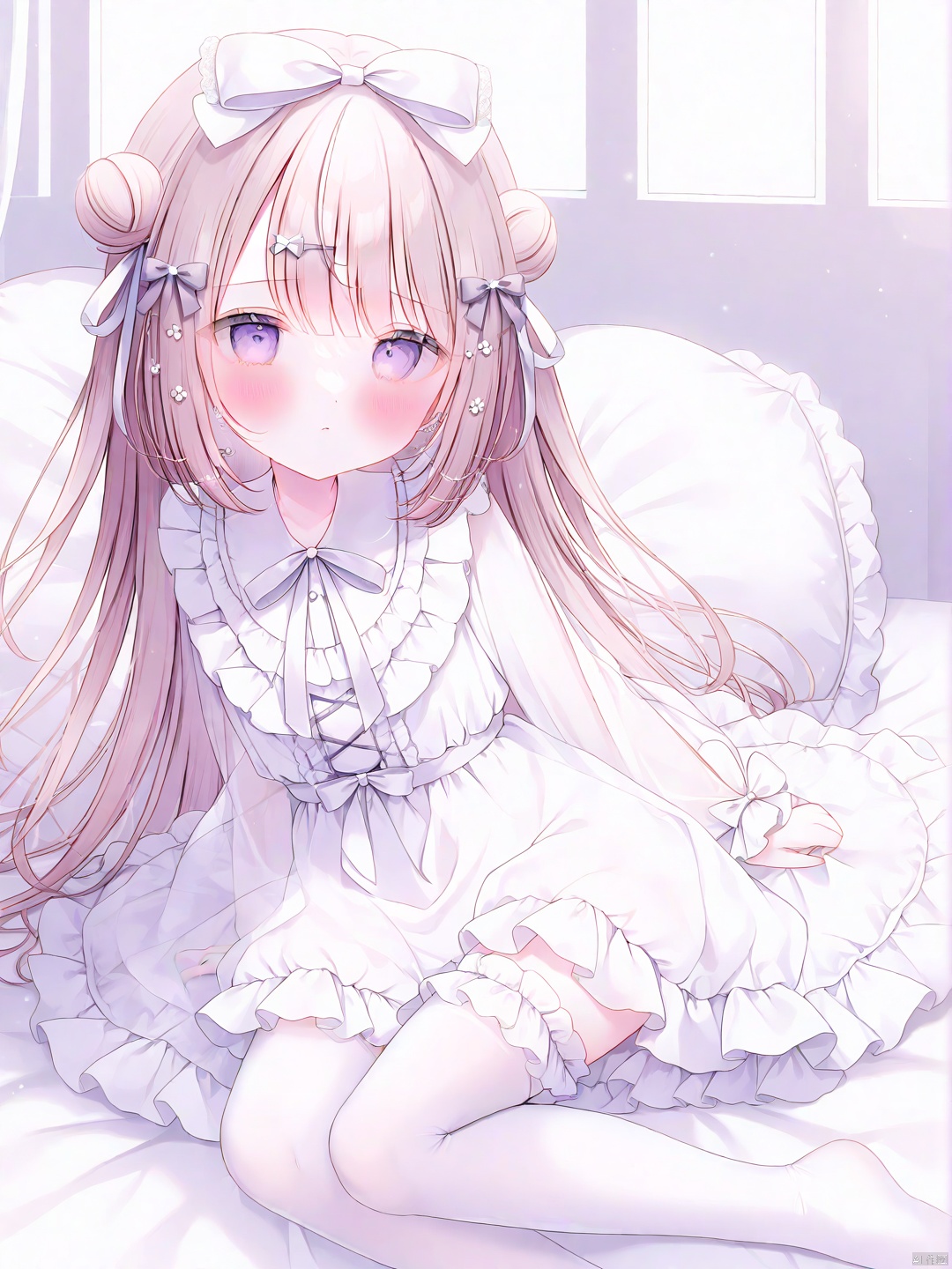 omochi monaka, 1girl, double bun, hair bow, hair hair ornament, expressionless, see-through, lace,
white thighhighs, frilled thighhighs, no shoes, pillow, ribbon, gothic lolita, white dress,

lolita fashion, shamed ,blush,
masterpiece, best quality, white background, omochi_newest,