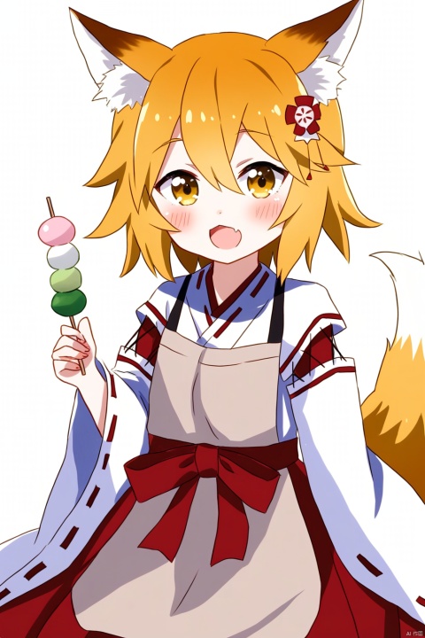 1girl, animal_ear_fluff, animal_ears, apron, gothic lolita, frilled dress, butterfly,bio012450, blonde_hair, blush, commentary_request, dango, detached_sleeves, fang, food, fox_ears, fox_girl, fox_tail, giving, hair_between_eyes, hair_ornament, head_tilt, highres, holding, holding_food, japanese_clothes, looking_at_viewer, miko, open_mouth, sanshoku_dango, senko_\(sewayaki_kitsune_no_senko-san\), sewayaki_kitsune_no_senko-san, short_hair, simple_background, skewer, skin_fang, solo, standing, tail, upper_body, wagashi, white_background, yellow_eyes, tsukiyo, onnk
