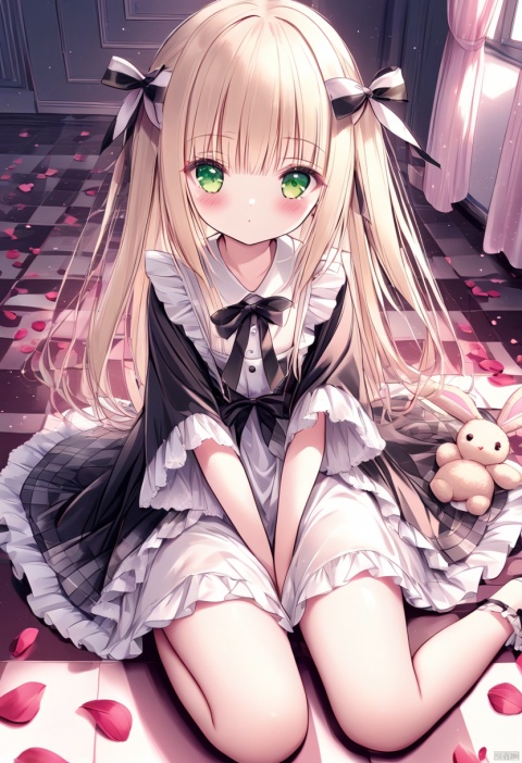 masterpiece, best quality, 1girl, long hair, green eyes,
checkered floor, stuffed toy, stuffed animal, solo, dress, blonde hair, bow, hair bow, stuffed bunny, petals, looking at viewer, blush, wrist cuffs, black dress, apron, wide sleeves, heart, frills, sitting, bangs, tinkle, loli,loli,blush