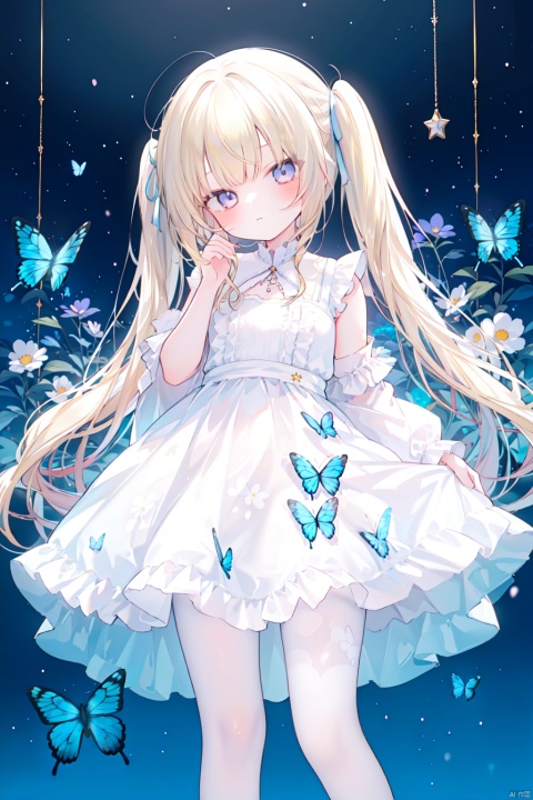 1girl, loli, long hair, twintails, dress, white pantyhose, floral printed pantyhose, white frilled, blonde hair, heteromonic, dynamic angle,
standing, no shoes, bangs between hair, night,
butterfly, head tilt, night, star, cards,butterfly