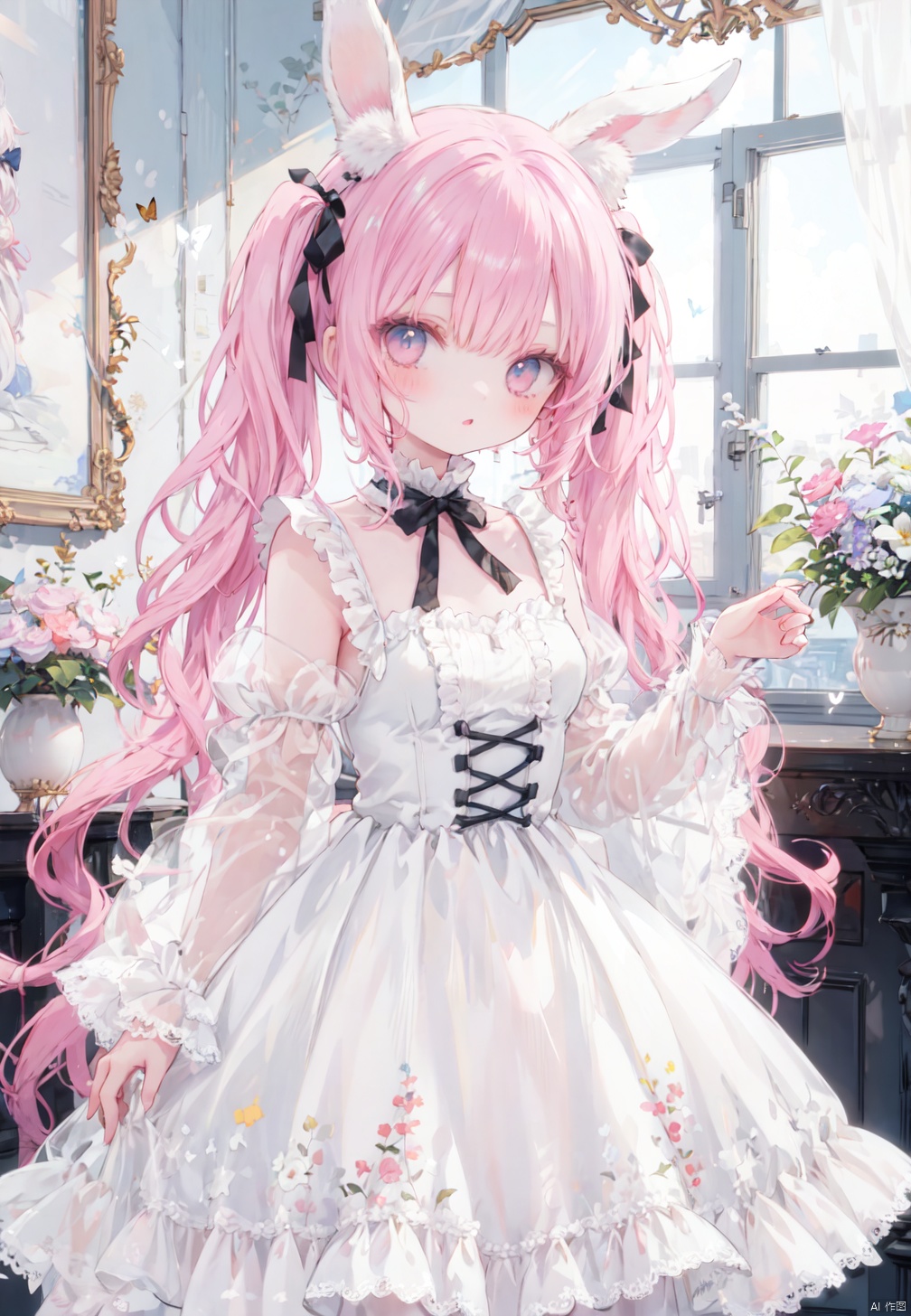  1girl, loli, hair ribbon, long hair, staright hair, dynamic angle, 
lolita dress, white dress, twintails, rabbit ears, pink hair, frills, upper body, standing, full body, wide sleeves, sleeves_past_fingers, see-through,
colorful, , ribbon, 
room, window, flower, depth of field, medium breasts, night,
masterpiece, best quality, detailed, butterfly,